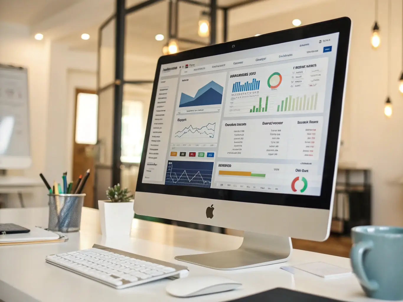 A tablet displaying a user-friendly accounting software interface, with charts and graphs illustrating financial performance, in a bright and professional setting.